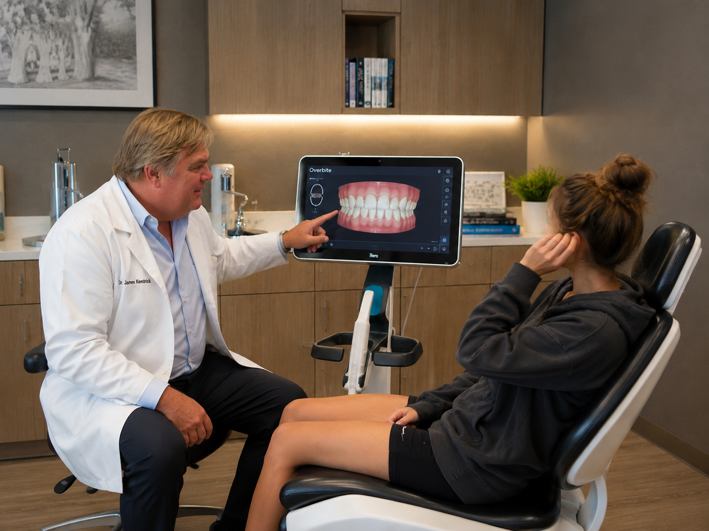 Dr. James Kendrick reviewing a digital orthodontic scan with a young patient