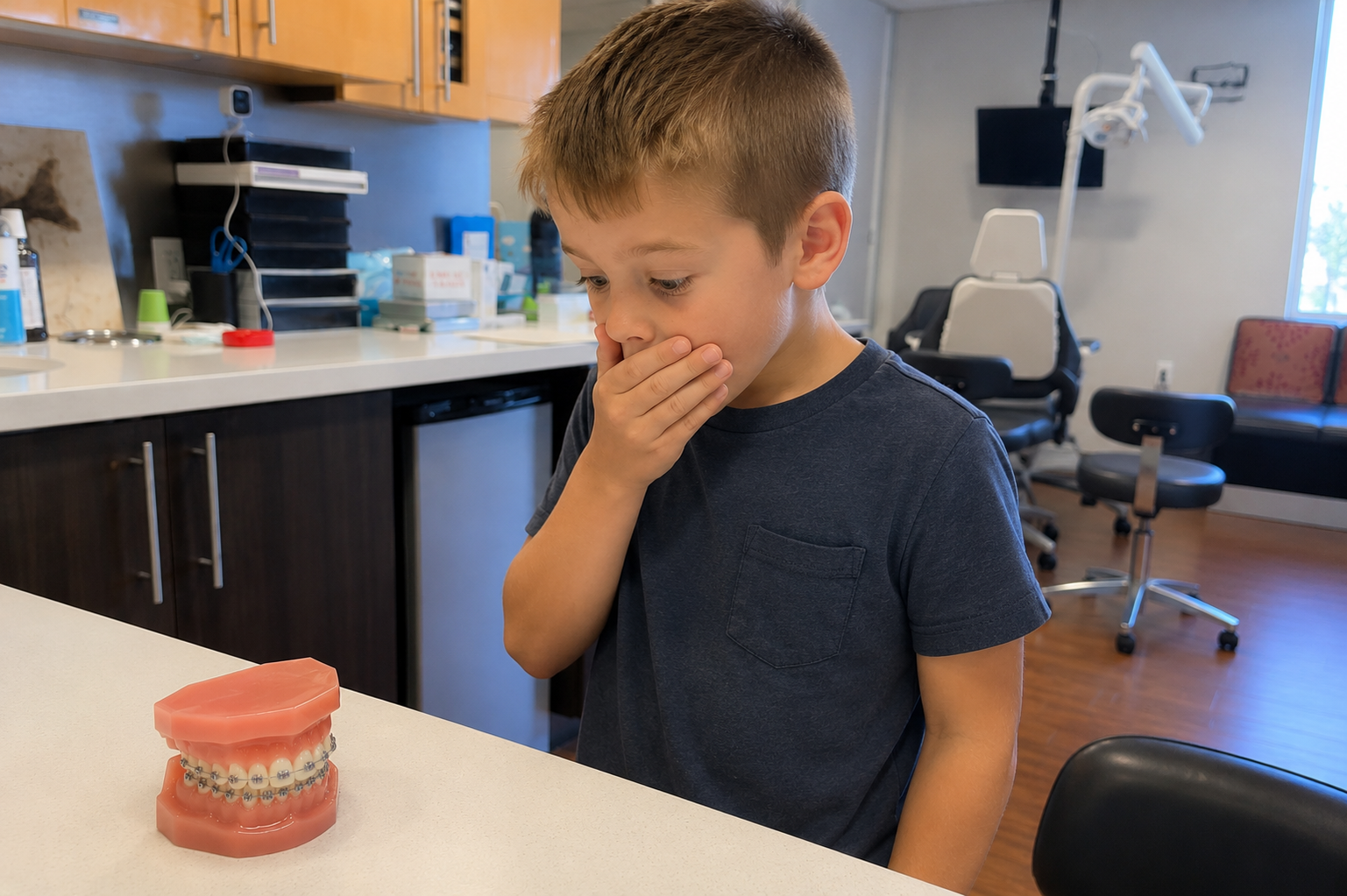Child examining a dental model during an orthodontic visit