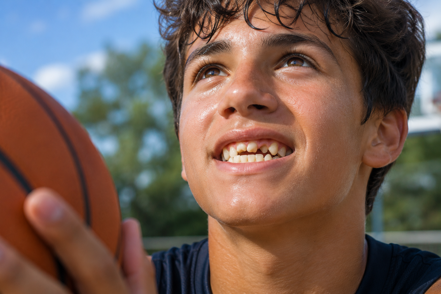 Teen boy with a crossbite holding a basketball outdoors
