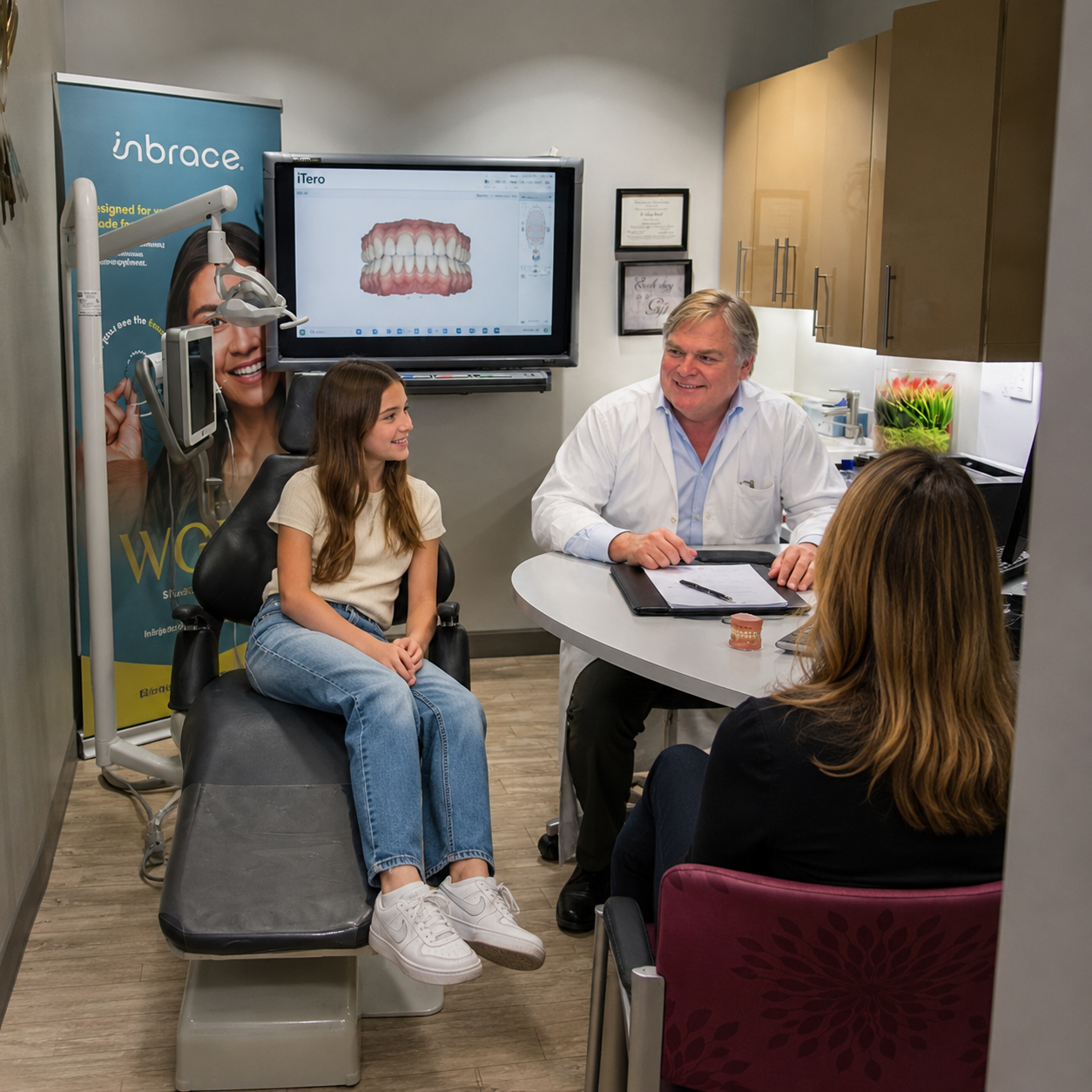 Dr. James Kendrick discussing orthodontic treatment with a patient and parent