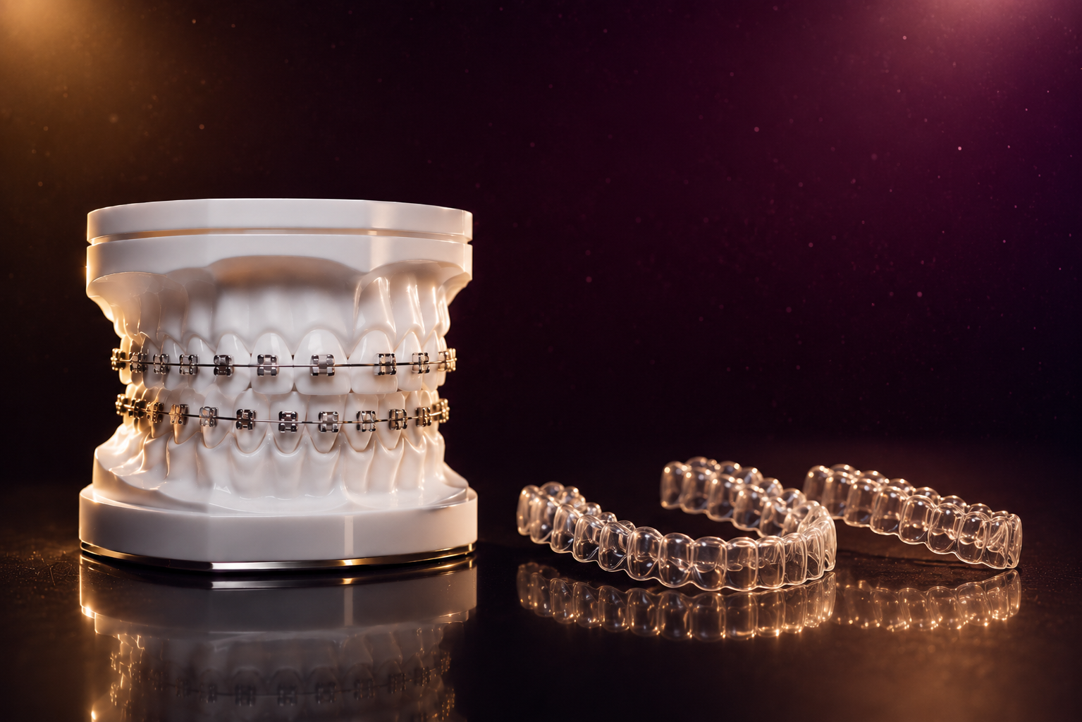 Metal braces and clear Invisalign aligners side by side, comparing orthodontic treatment options in Kissimmee, FL.