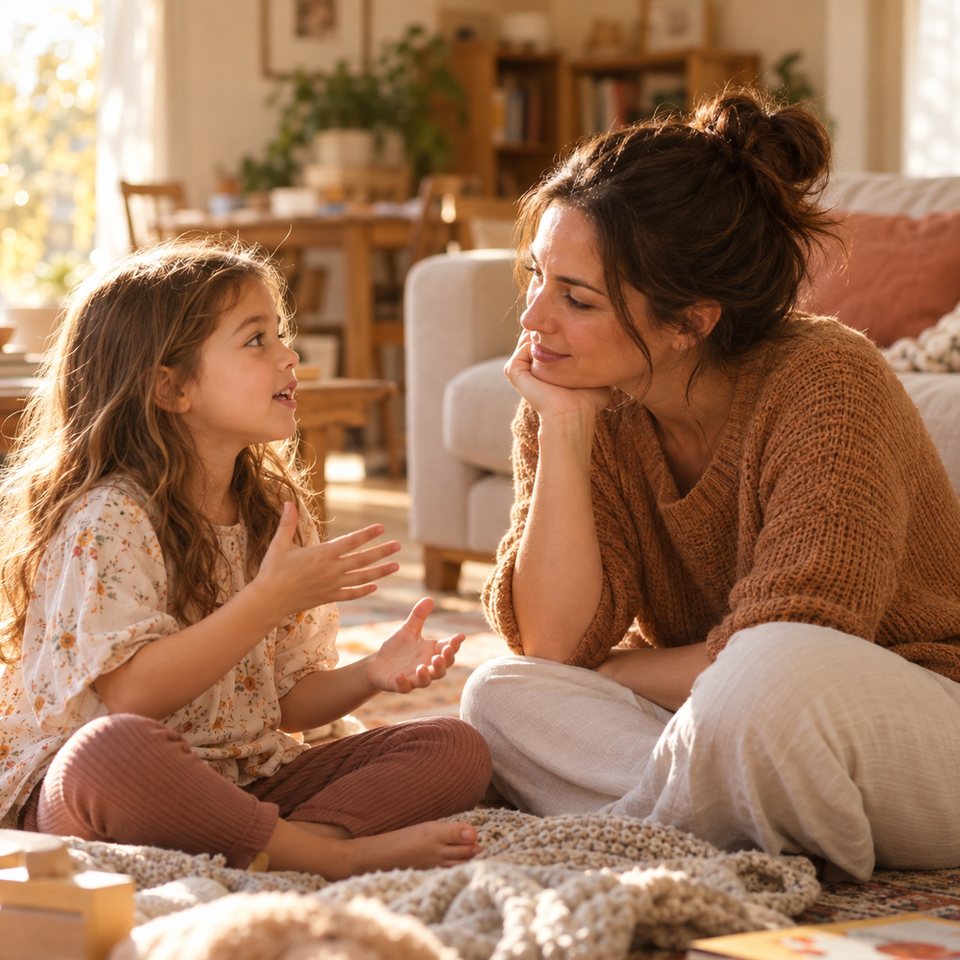 A parent sitting on the floor at eye level, listening closely as her daughter talks