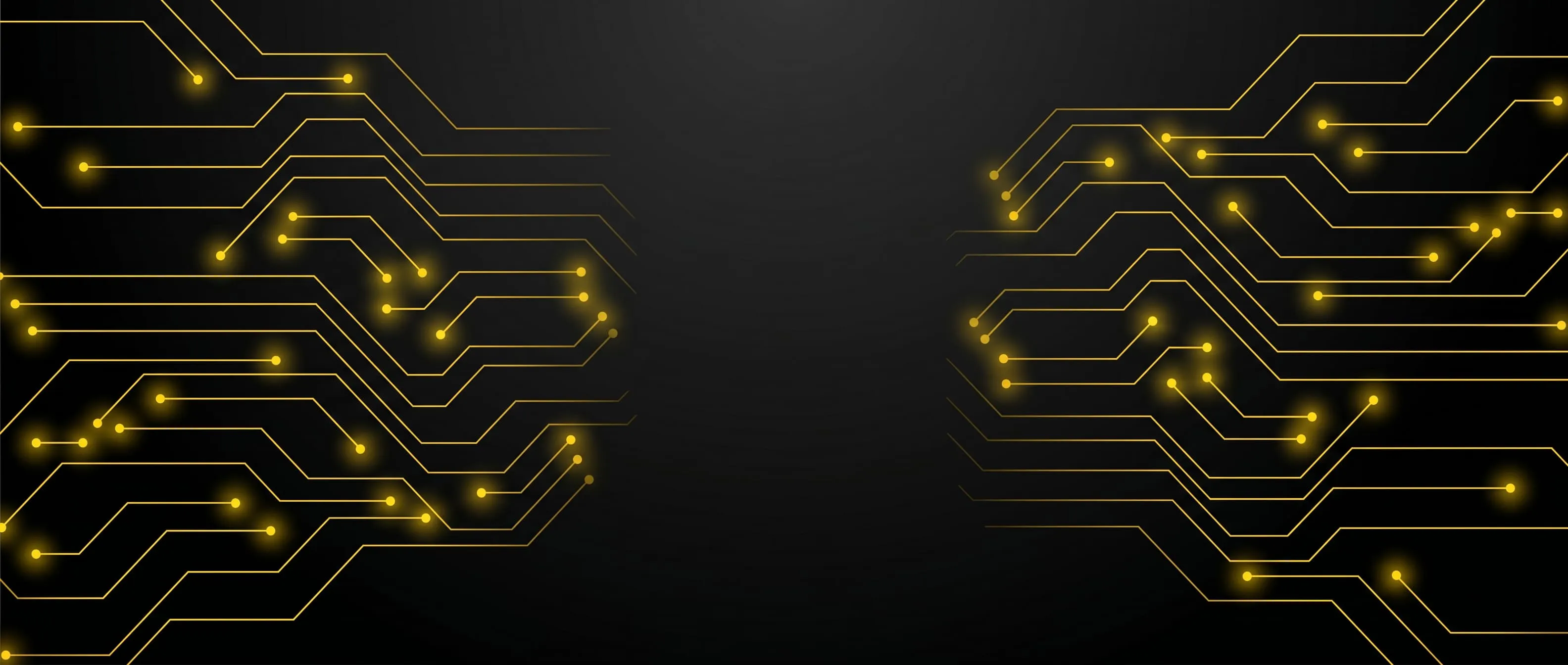 Glowing yellow circuit lines on black background forming a symmetrical technology pattern.