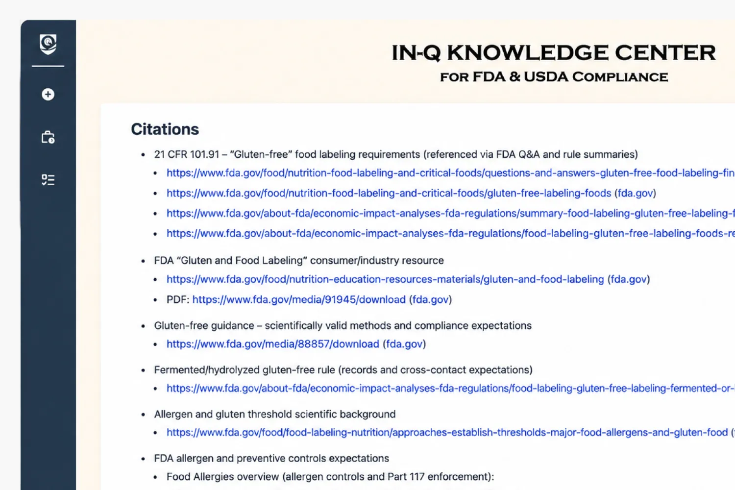 IN-Q Knowledge Center listing FDA and USDA compliance citations and links for gluten-free food labeling.