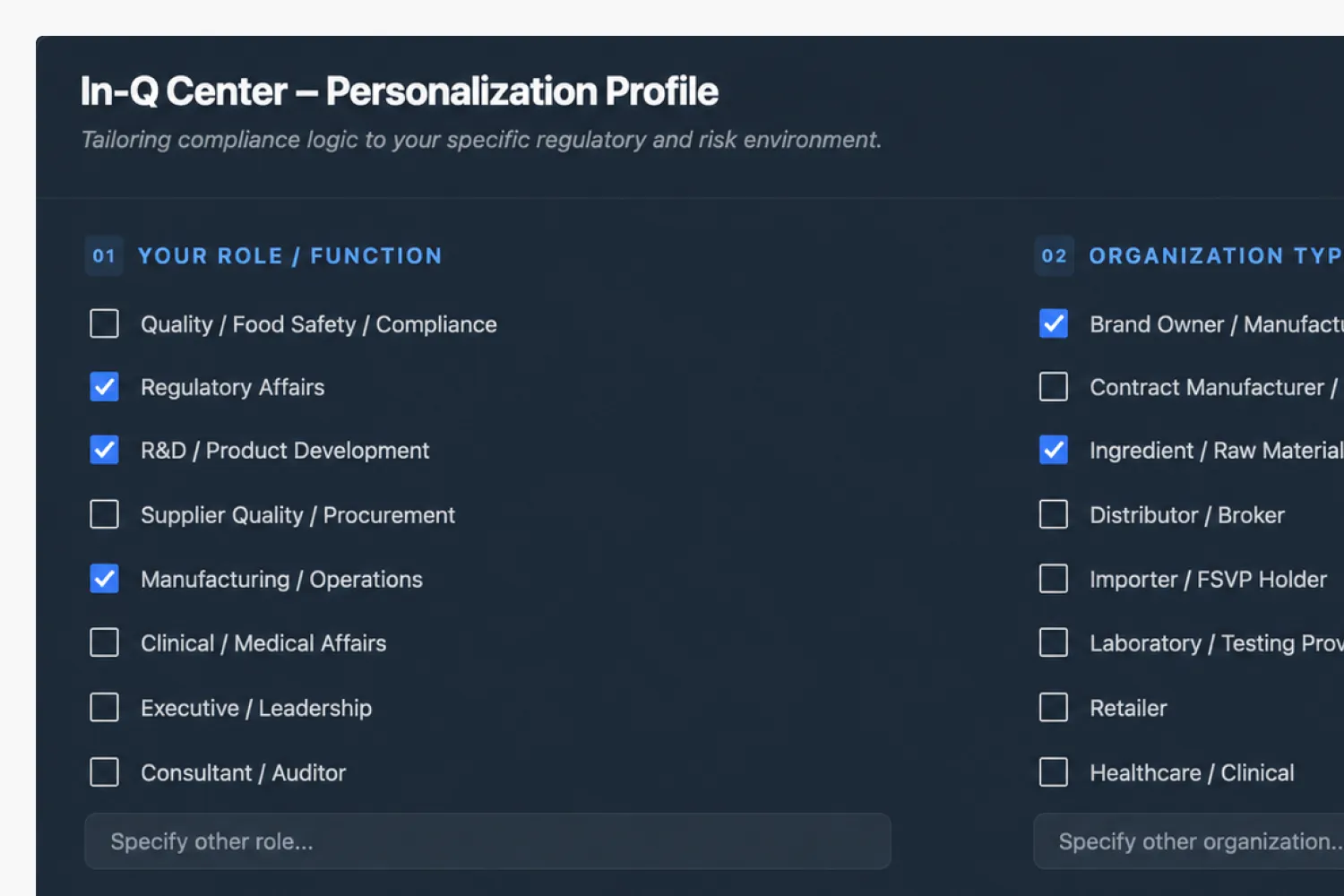 Customization form with checked roles Regulatory Affairs, R&D/Product Development, Manufacturing, Brand Owner, Ingredient.