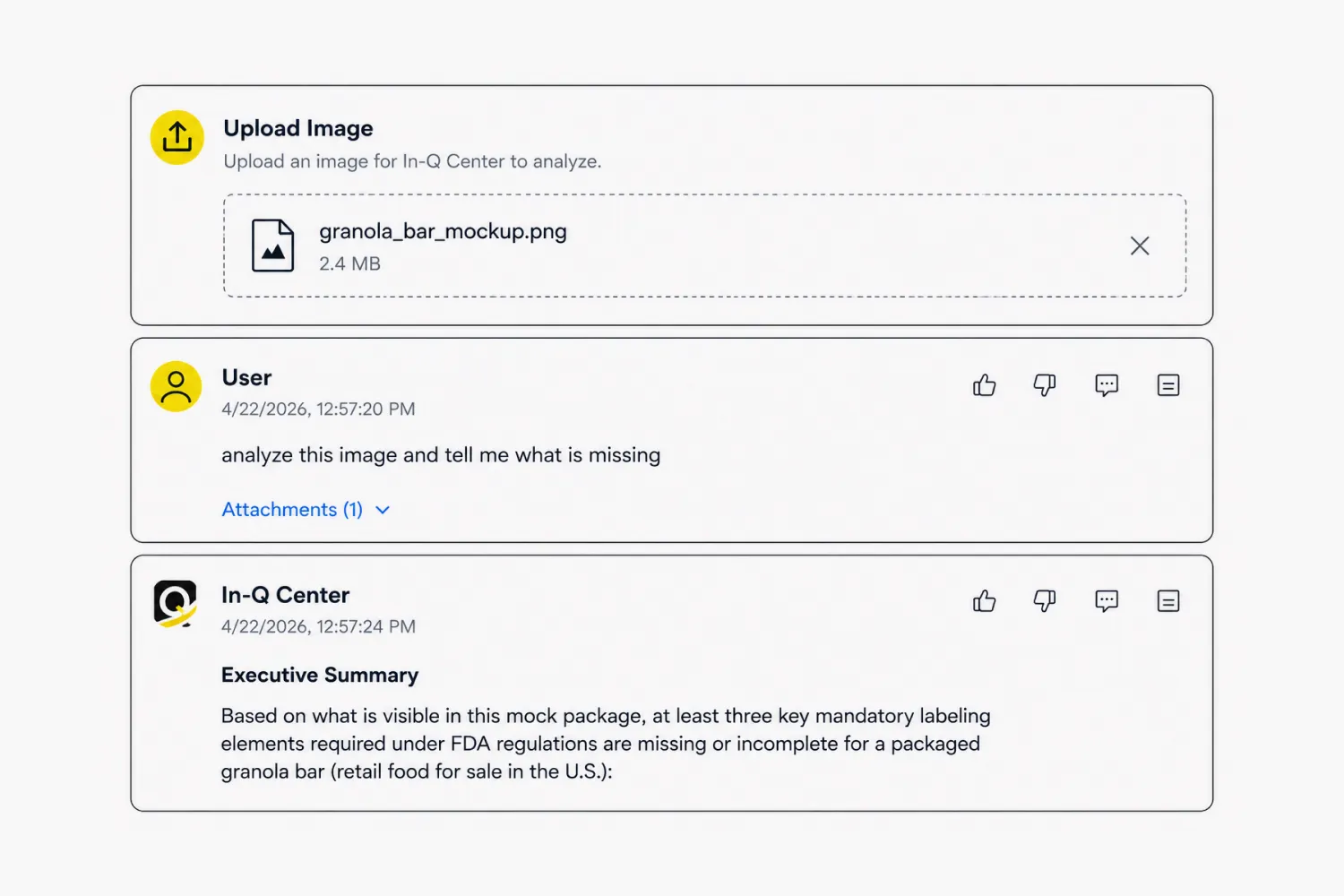 Screenshot of a chat where a user uploads a granola bar image for analysis and an AI starts an executive summary.