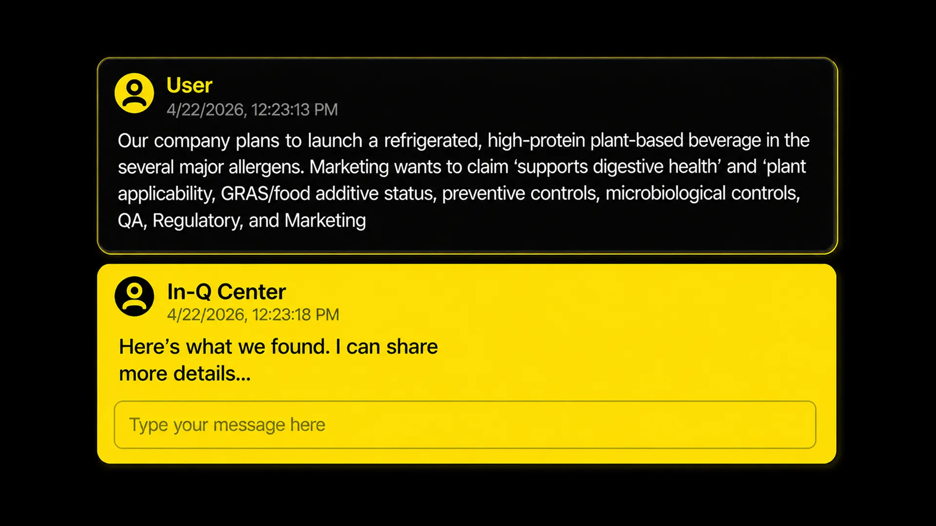 Chat showing a user message about launching a high-protein plant beverage and a reply offering more details.