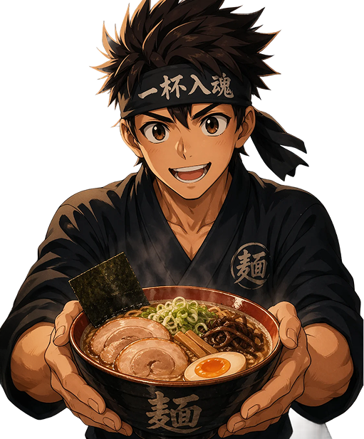 Anime male character with spiky hair holding a bowl of ramen with egg, meat, and seaweed.
