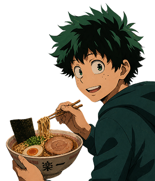 Anime character with green hair smiling while eating ramen with chopsticks.
