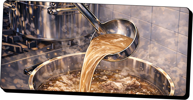 Ladle pouring hot broth with meat into a large stainless steel pot on a stove.