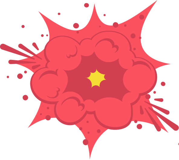Red comic-style explosion with a yellow center and radiating bursts and dots.