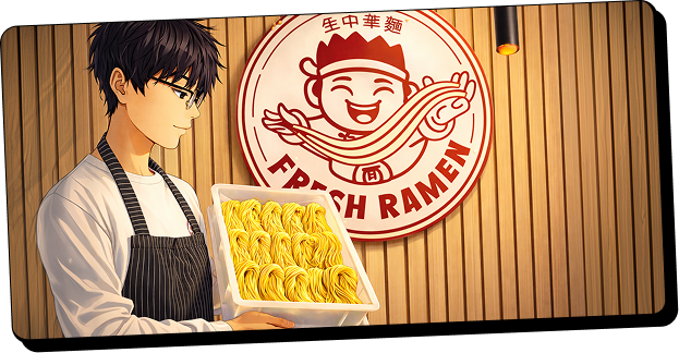 Man wearing glasses and apron holding a tray of fresh ramen noodles in front of a wooden wall sign.