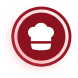 White chef hat icon centered on a red circular badge with concentric rings.