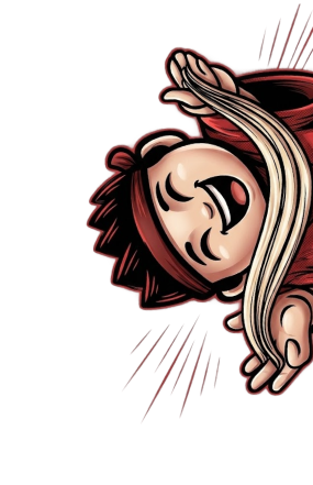 Cartoon character with a headband stretching a long piece of dough with both hands.