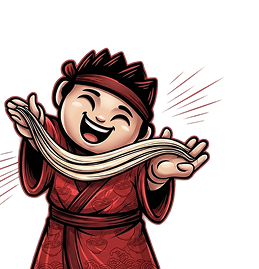 Smiling person in red robe stretching noodles with both hands, joyful expression.