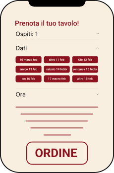 Mobile screen showing Italian table booking form with guest number, date options, and order button.