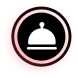 White cloche serving dish icon on a black circle with a red circular brushstroke background.