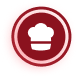 Red circular badge with white chef hat icon in the center.