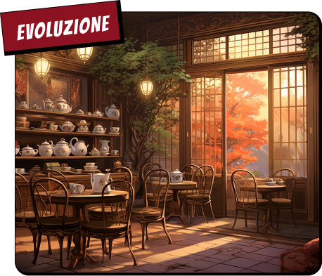 Cozy cafe interior with wooden tables, chairs, teapots on shelves, warm lighting, and autumn scene outside.