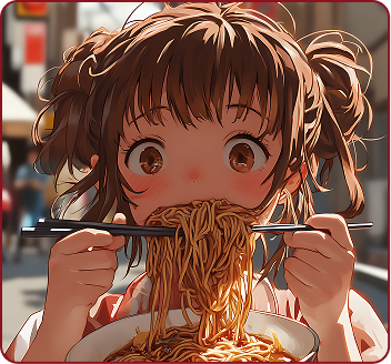 Anime girl with brown eyes and hair eating noodles with chopsticks from a bowl.