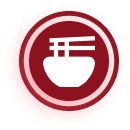 White bowl with chopsticks icon inside a red circle with gradient background.