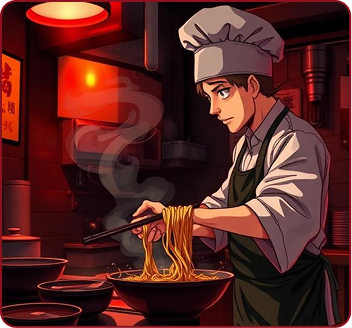 Chef in a white hat uses chopsticks to serve steaming noodles into black bowls in a warm kitchen.