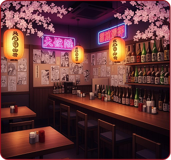 Cozy Japanese bar with wooden tables, saké bottles, lanterns, manga posters, and cherry blossom decor.
