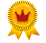 Gold medal with a red crown symbol in the center and two gold ribbons hanging below it.