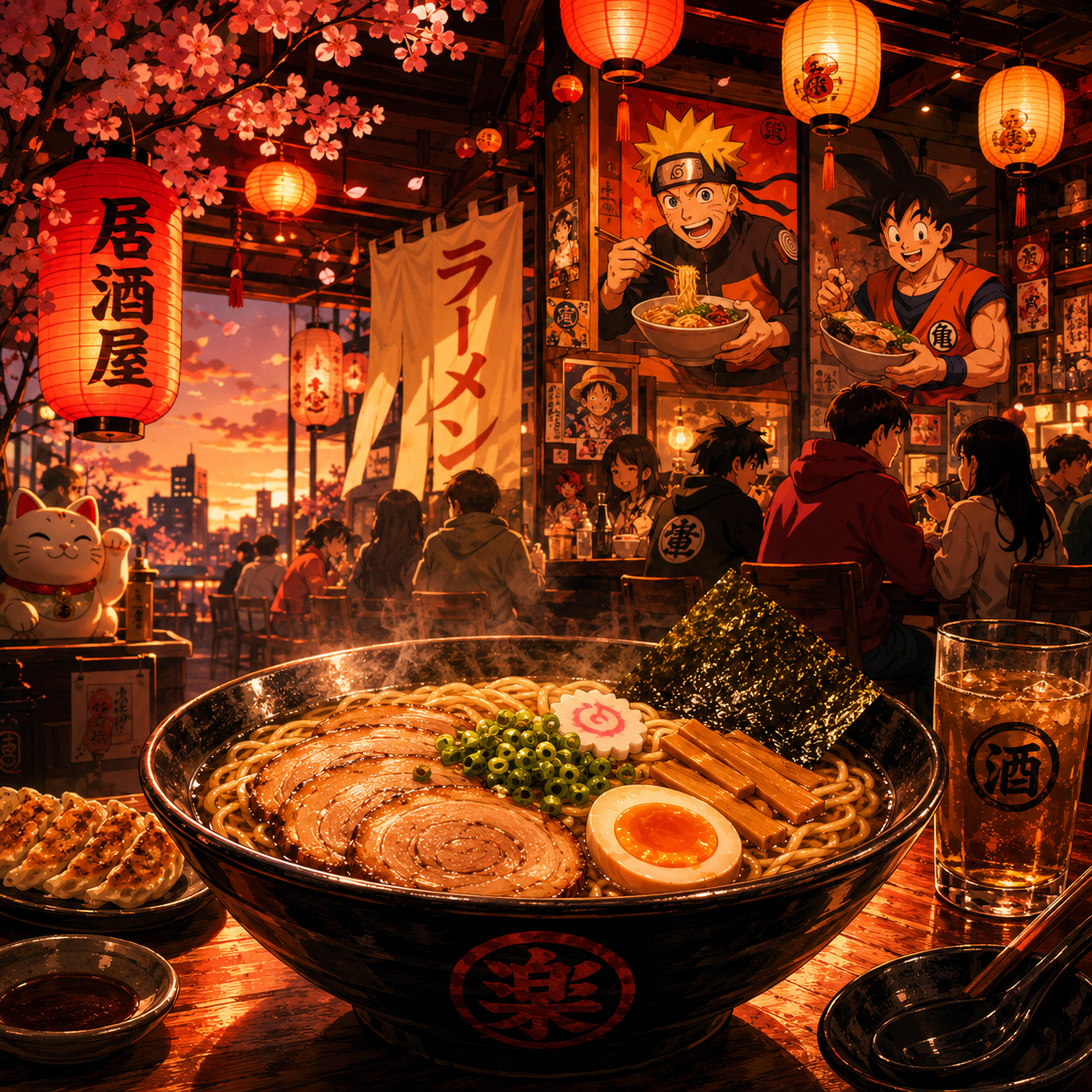 Steaming bowl of ramen with pork, egg, seaweed, and green onions in a cozy restaurant with anime decor.