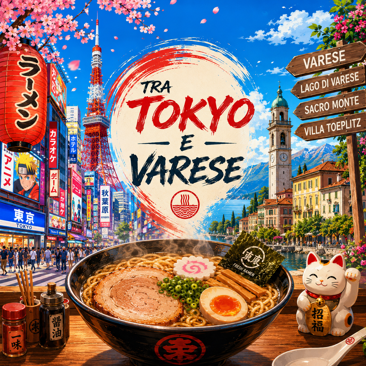 Steaming bowl of ramen with Tokyo cityscape and Varese lakeside town in background.
