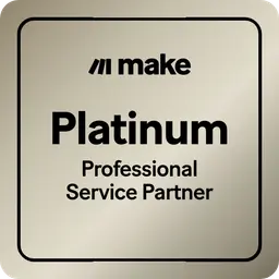 Make Platinum Professional Service Partner badge with black text on a silver background.