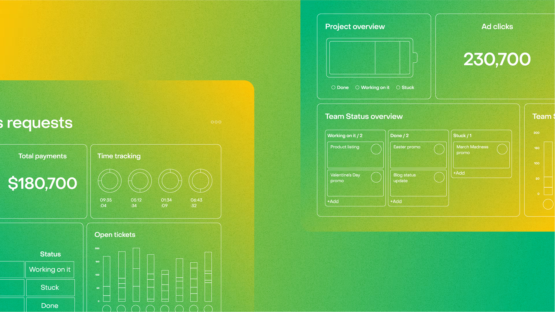 Dashboard showing total payments, ad clicks, time tracking, project and team status overviews.