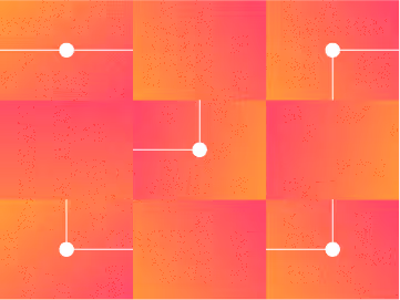 Abstract orange and pink gradient squares connected by white lines and dots in a grid pattern.