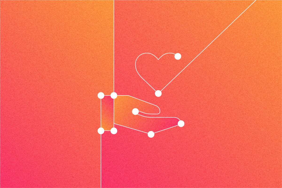 Line art of an open hand with a heart shape formed by connected dots, on a gradient orange background.