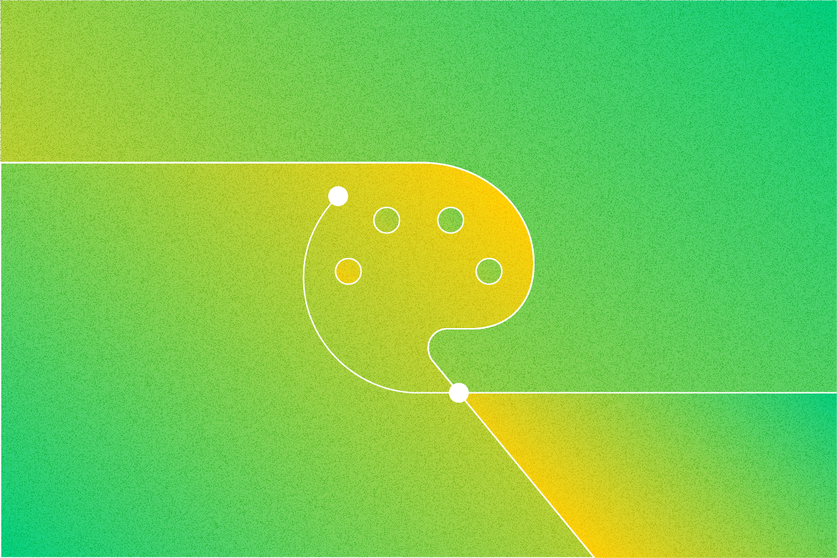 Abstract green and yellow geometric background with curved white lines and circular shapes creating a painter's palette.