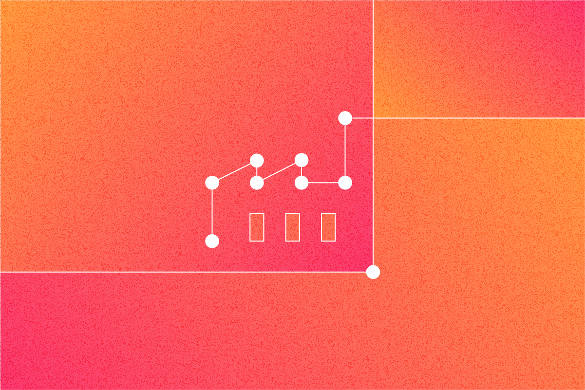 White dots connected by lines on a red and orange gradient background that creates a silhouette of a factory.