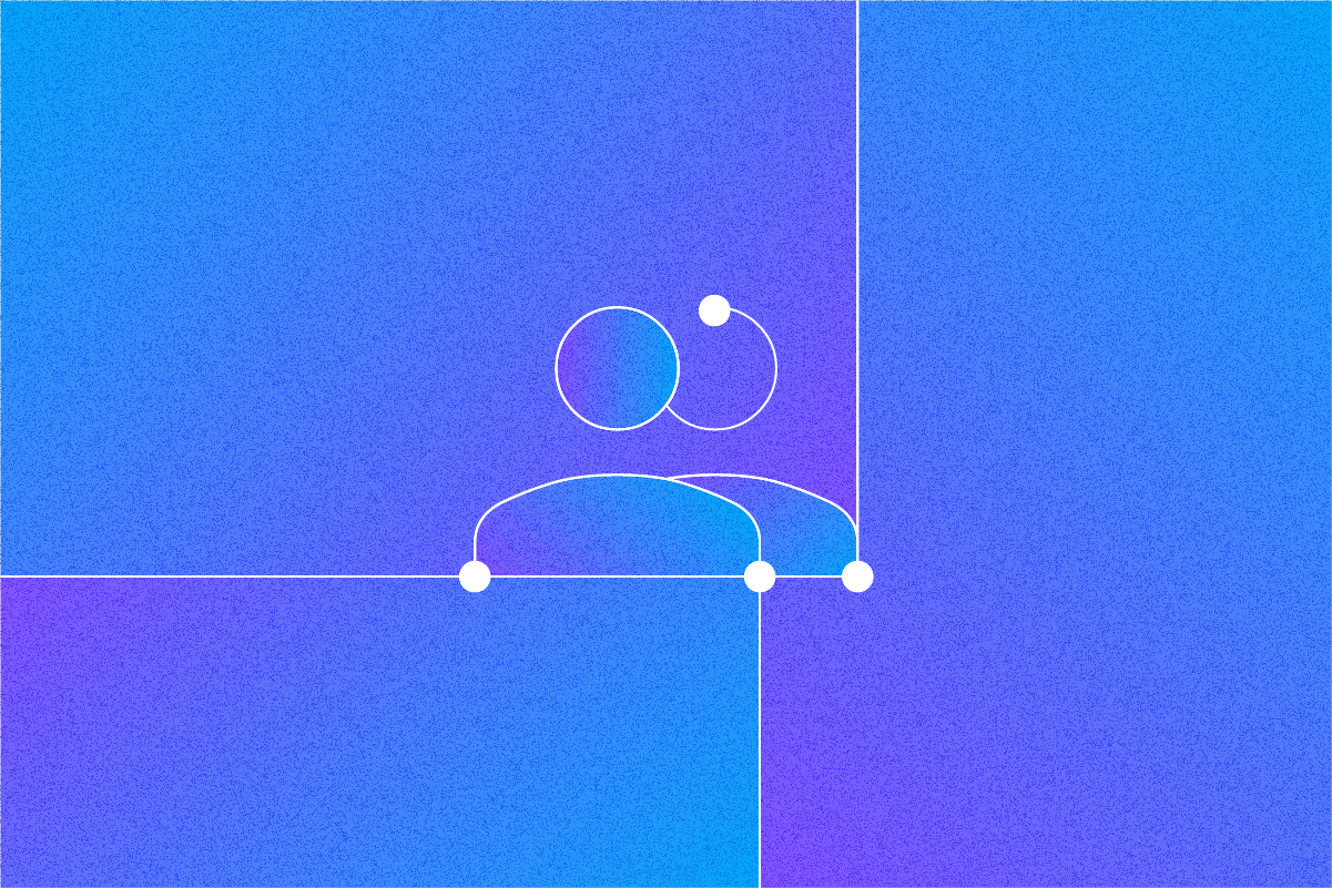 Abstract blue and purple background with white minimalistic outline of two people connected by lines.