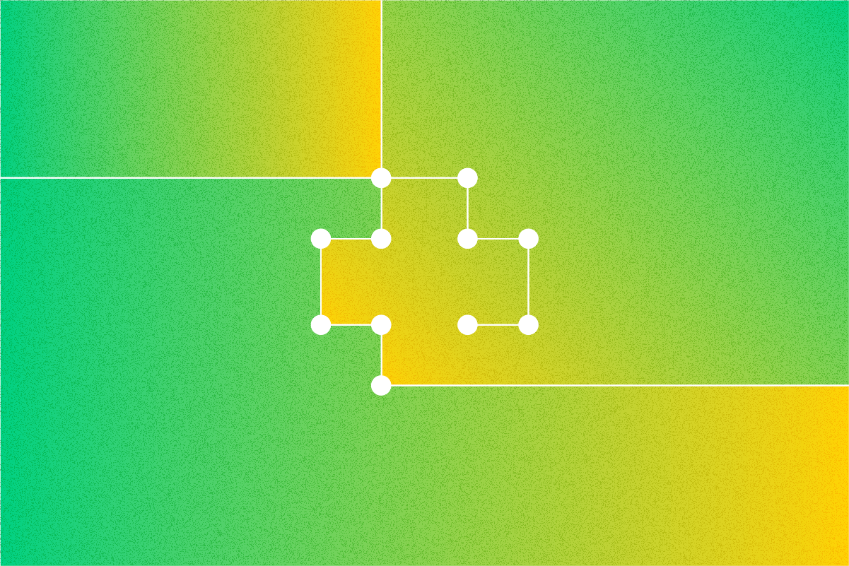 White interconnecting nodes form a plus sign on a green and yellow gradient background.