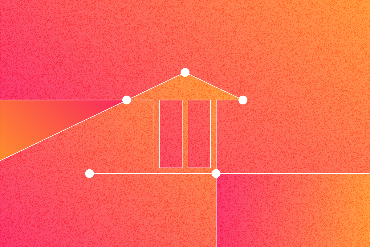 Abstract orange and pink geometric background with an outlined shape resembling a government building.