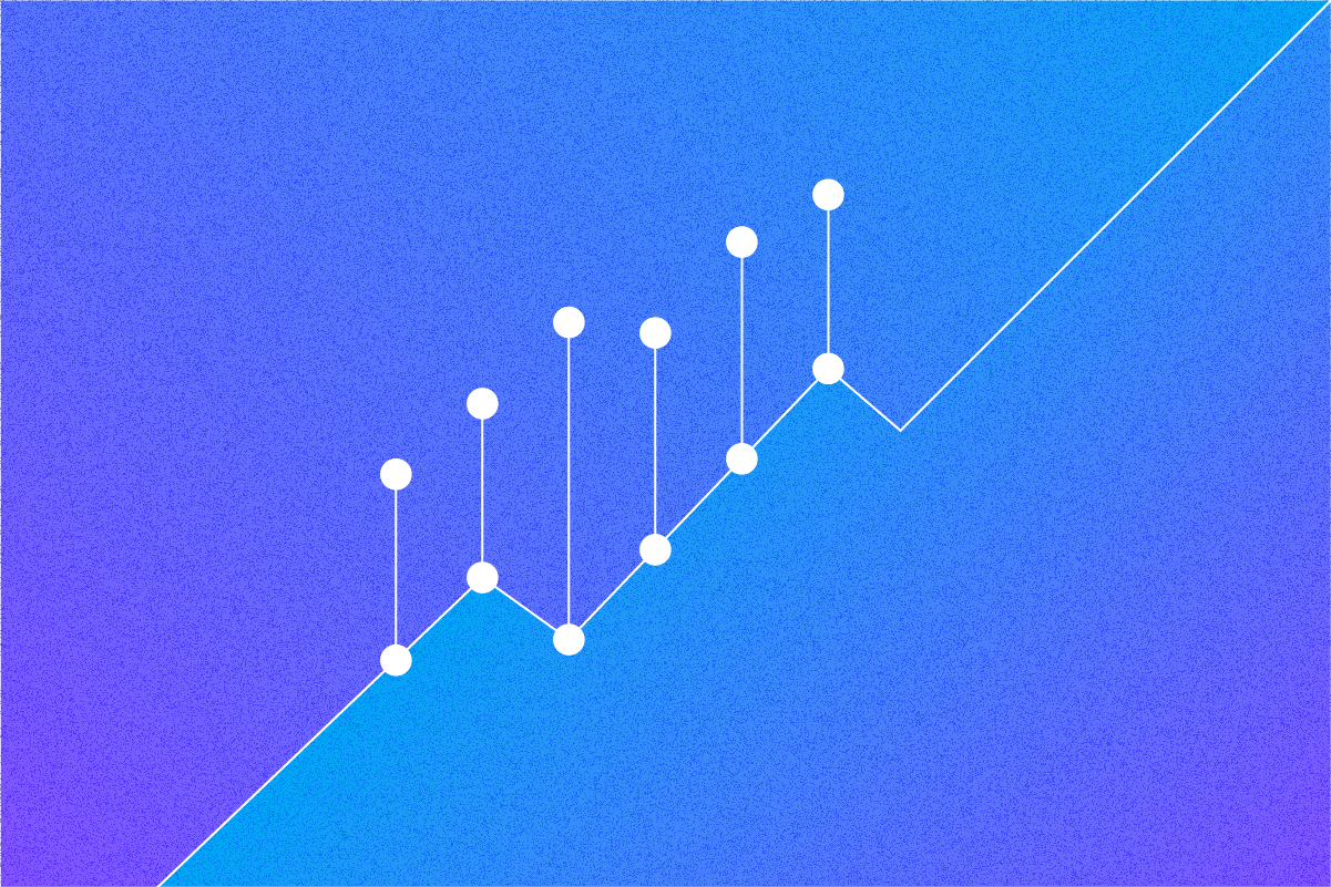 White upward-trending line graph with data points on a blue and purple gradient background.