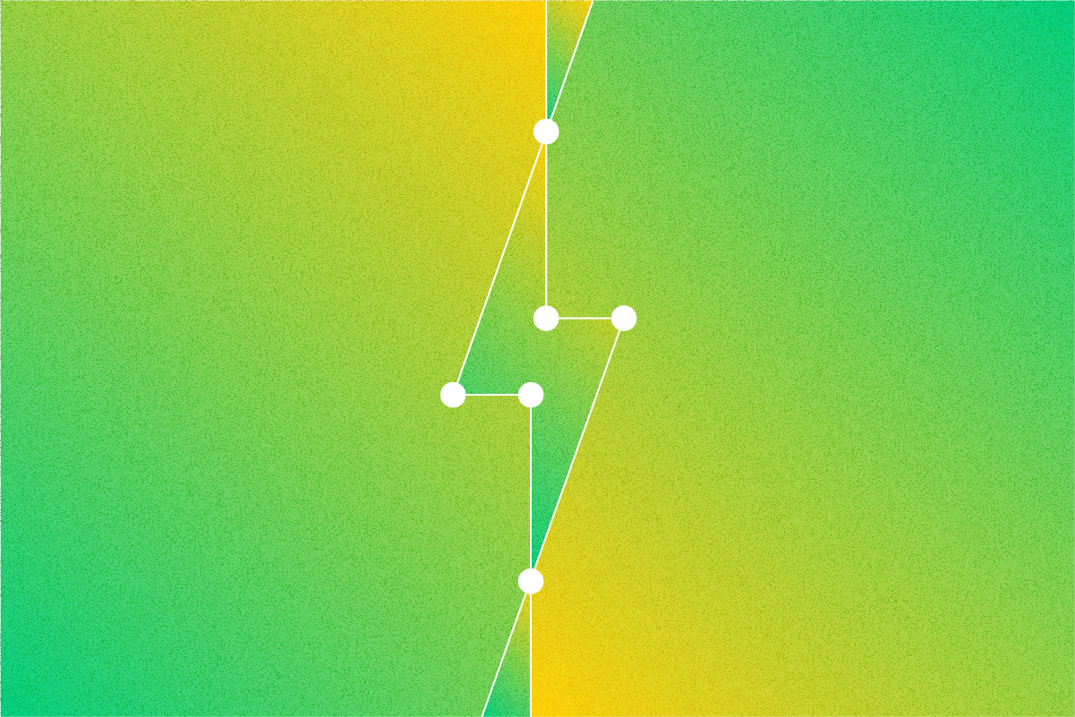 White connected dots forming a lightning bolt shape on a green and yellow gradient background.