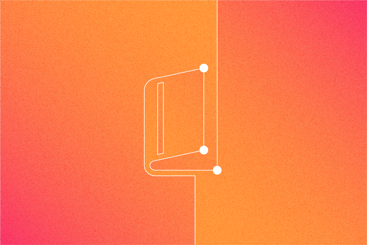 Minimalist white icon of an open book with three connecting dots on an orange to pink gradient background.