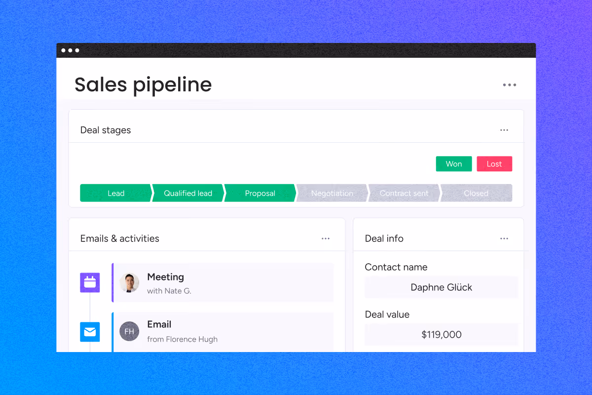 Sales pipeline dashboard showing deal stages and details.
