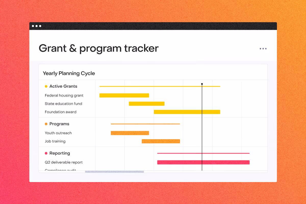 Grant and program tracker showing a yearly planning cycle with colored bars for grants, programs, and reporting.