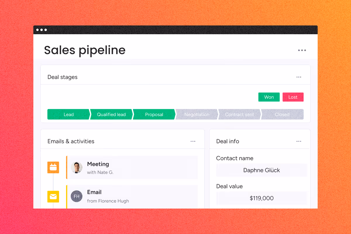 Sales pipeline showing deal stages with green for won and pink for lost, meetings and emails listed below.