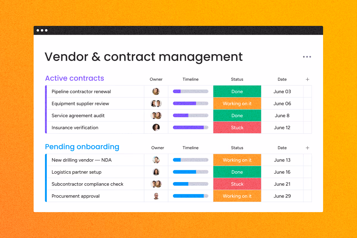 Vendor and contract management table with active contracts and pending onboarding tasks showing status and dates.