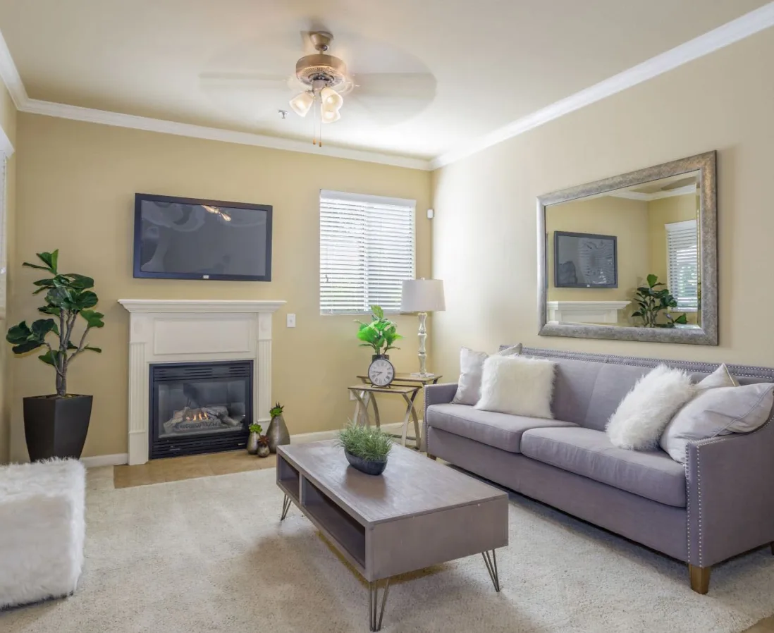 Furnished living room with fireplace