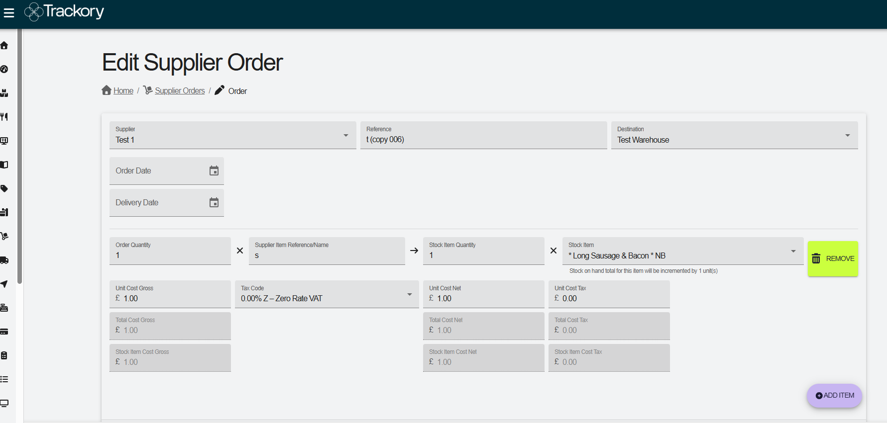 Trackory supplier order management screen