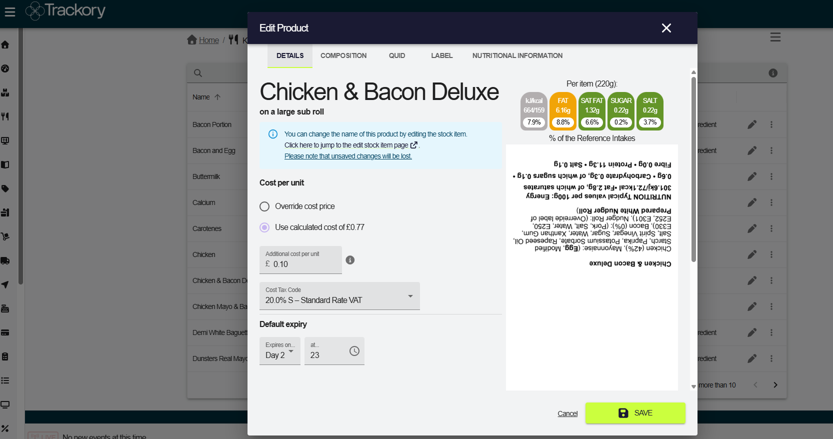 Trackory product edit screen with allergen and label creation