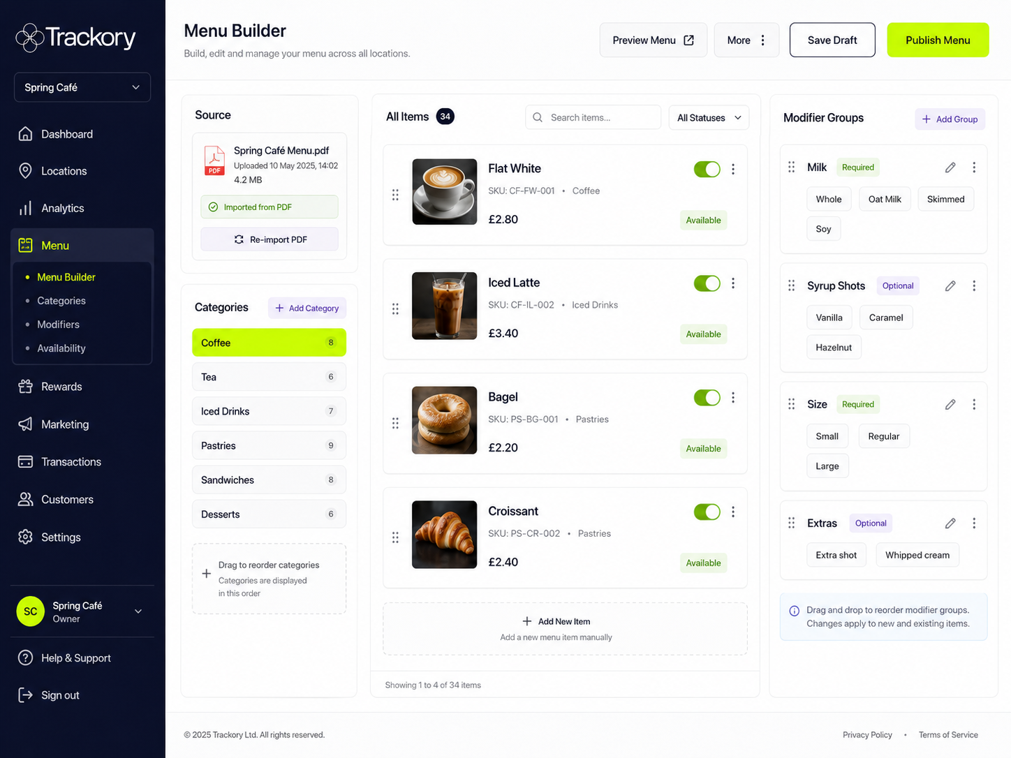 Trackory menu builder screen with categories and modifiers